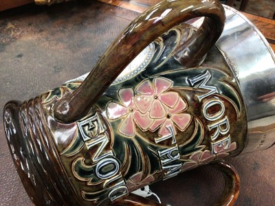 Lot 16 - Royal Doulton silver mounted tyg, decorated by Hannah Barlow