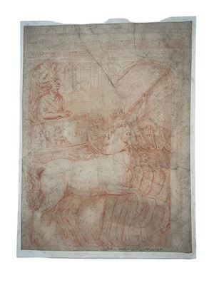 Lot 10 - 17th century school, red chalk on laid paper, laid down onto board - 'Jehu rides in his chariot', 32 x 24cm, mounted but unframed
