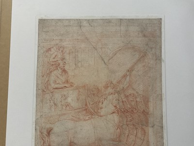 Lot 10 - 17th century school, red chalk on laid paper, laid down onto board - 'Jehu rides in his chariot', 32 x 24cm, mounted but unframed