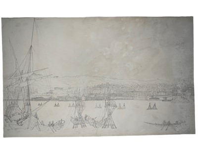 Lot 12 - 18th / 19th century pen on paper, laid down onto light card, Harbour scene with pagoda and boats, possibly Far Eastern, 27 x 44cm, mounted but unframed