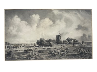 Lot 7 - 19th century English School, monochrome watercolour, landscape with cattle and figures, signed with monogram, 23 x 37cm, mounted but unframed