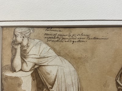 Lot 8 - English School, 19th century, watercolour - Polimia, muse of memory or silence, especially presiding over pantomime or action and gesture, signed with monogram SW, 15 x 19cm, mounted but unframed