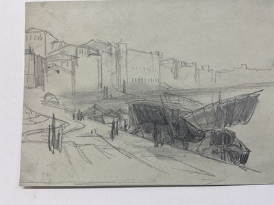 Lot 11 - Attributed to Edward Lear (1812-1888), pencil on coloured paper, harbour scene with vessels, 14 x 24cm, mounted but unframed