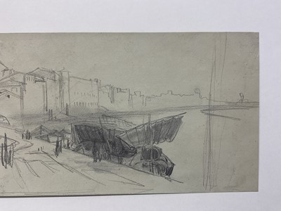 Lot 11 - Attributed to Edward Lear (1812-1888), pencil on coloured paper, harbour scene with vessels, 14 x 24cm, mounted but unframed