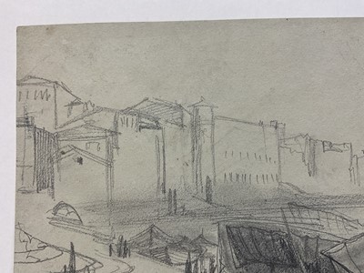 Lot 11 - Attributed to Edward Lear (1812-1888), pencil on coloured paper, harbour scene with vessels, 14 x 24cm, mounted but unframed