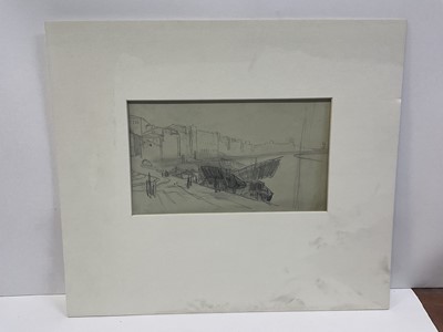 Lot 11 - Attributed to Edward Lear (1812-1888), pencil on coloured paper, harbour scene with vessels, 14 x 24cm, mounted but unframed