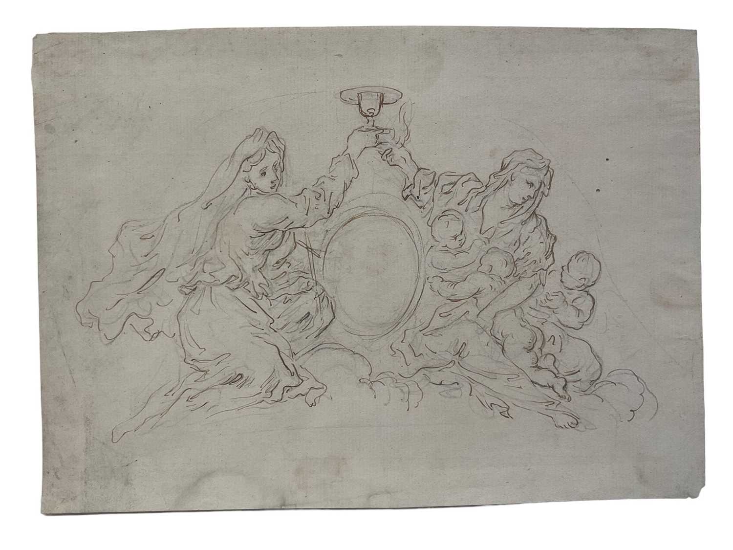 Lot 14 - Continental school, 18th century, pencil, pen and ink, design for a cresting, 15 x 20cm, mounted but unframed