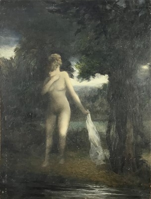 Lot 199 - English School, circa 1950s, oil on board, Nude figure early evening in woodland by a lake