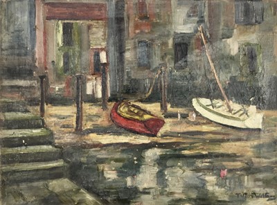 Lot 193 - Tullon Walters (?) oil on canvas, French buildings and boats by a river, indistinctly signed