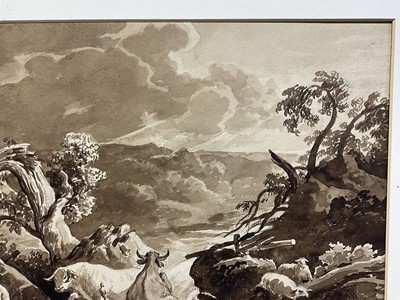 Lot 15 - 19th century monochrome wash, cattle in a landscape, bears signature 'J J Chalon' (possibly John James Chalon 1778-1854), 38 x 27cm