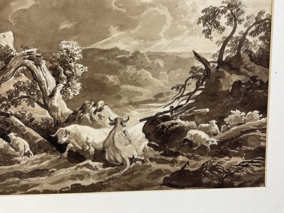 Lot 15 - 19th century monochrome wash, cattle in a landscape, bears signature 'J J Chalon' (possibly John James Chalon 1778-1854), 38 x 27cm