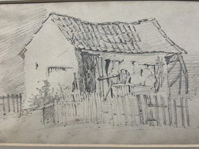 Lot 18 - Attributed to Cornelius Varley (1781-1873) pencil, tumble down farm building, inscribed C Varley to rear, 12 x 19cm, together with a similar sketch and an 18th century pencil sketch with monastic b...