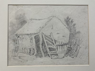 Lot 18 - Attributed to Cornelius Varley (1781-1873) pencil, tumble down farm building, inscribed C Varley to rear, 12 x 19cm, together with a similar sketch and an 18th century pencil sketch with monastic b...