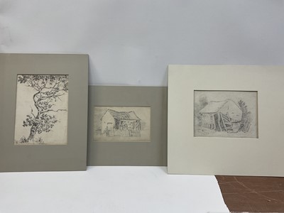 Lot 18 - Attributed to Cornelius Varley (1781-1873) pencil, tumble down farm building, inscribed C Varley to rear, 12 x 19cm, together with a similar sketch and an 18th century pencil sketch with monastic b...