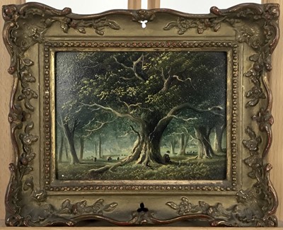Lot 191 - 19th Century English School, oil on board, a pair, Figures in a forest and Figures near a cottage