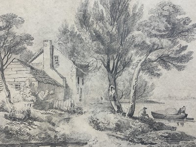 Lot 19 - Norwich School, 19th century, pencil, mill beside a river, 27 x 36cm, mounted but unframed, together with pencil and chalk of figures beside a mill by W C Smith and an 18th century pencil sketch wi...