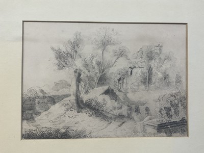 Lot 19 - Norwich School, 19th century, pencil, mill beside a river, 27 x 36cm, mounted but unframed, together with pencil and chalk of figures beside a mill by W C Smith and an 18th century pencil sketch wi...