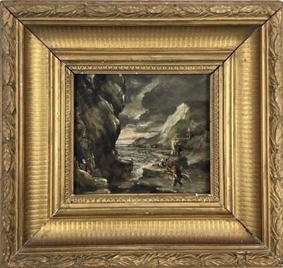 Lot 198 - 19th Century Continental School, oil on board, Net Fishermen in a rocky cove under a stormy sky