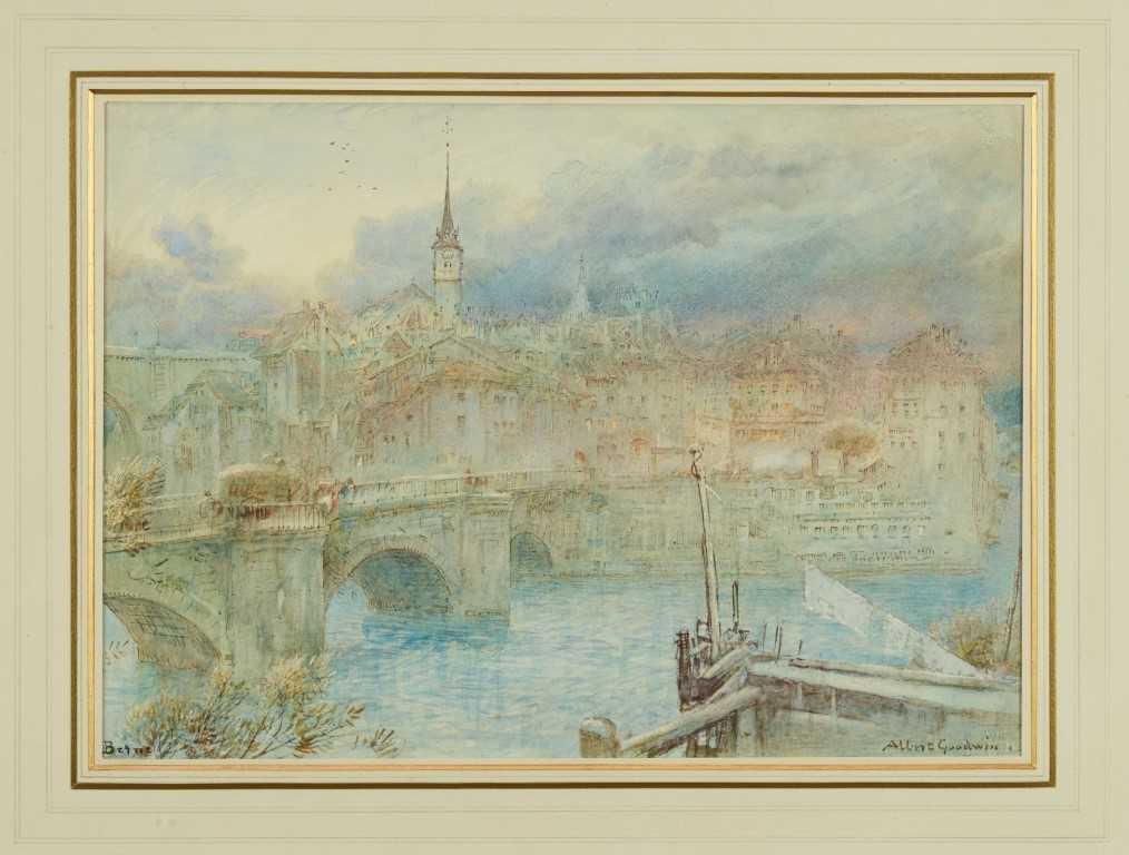 Lot 965 - Albert Goodwin (1845-1932), ink and watercolour - Berne, Switzerland, signed and inscribed, 25cm x 35cm, in glazed gilt frame