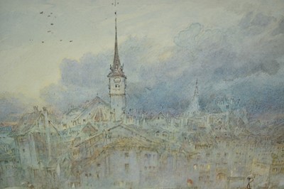 Lot 965 - Albert Goodwin (1845-1932), ink and watercolour - Berne, Switzerland, signed and inscribed, 25cm x 35cm, in glazed gilt frame