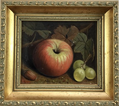 Lot 123 - W. Hooper, oil, Still life of Apples and Grapes, 13cm x 16cm, in gilt frame