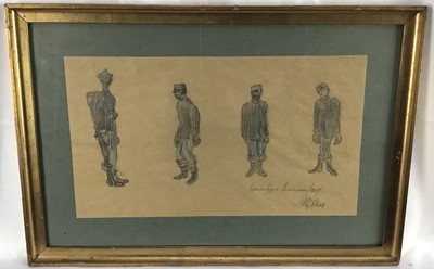 Lot 126 - World War One coloured pencil sketch of Four Uniformed Figures, titled and signed indistinctly dated 1917