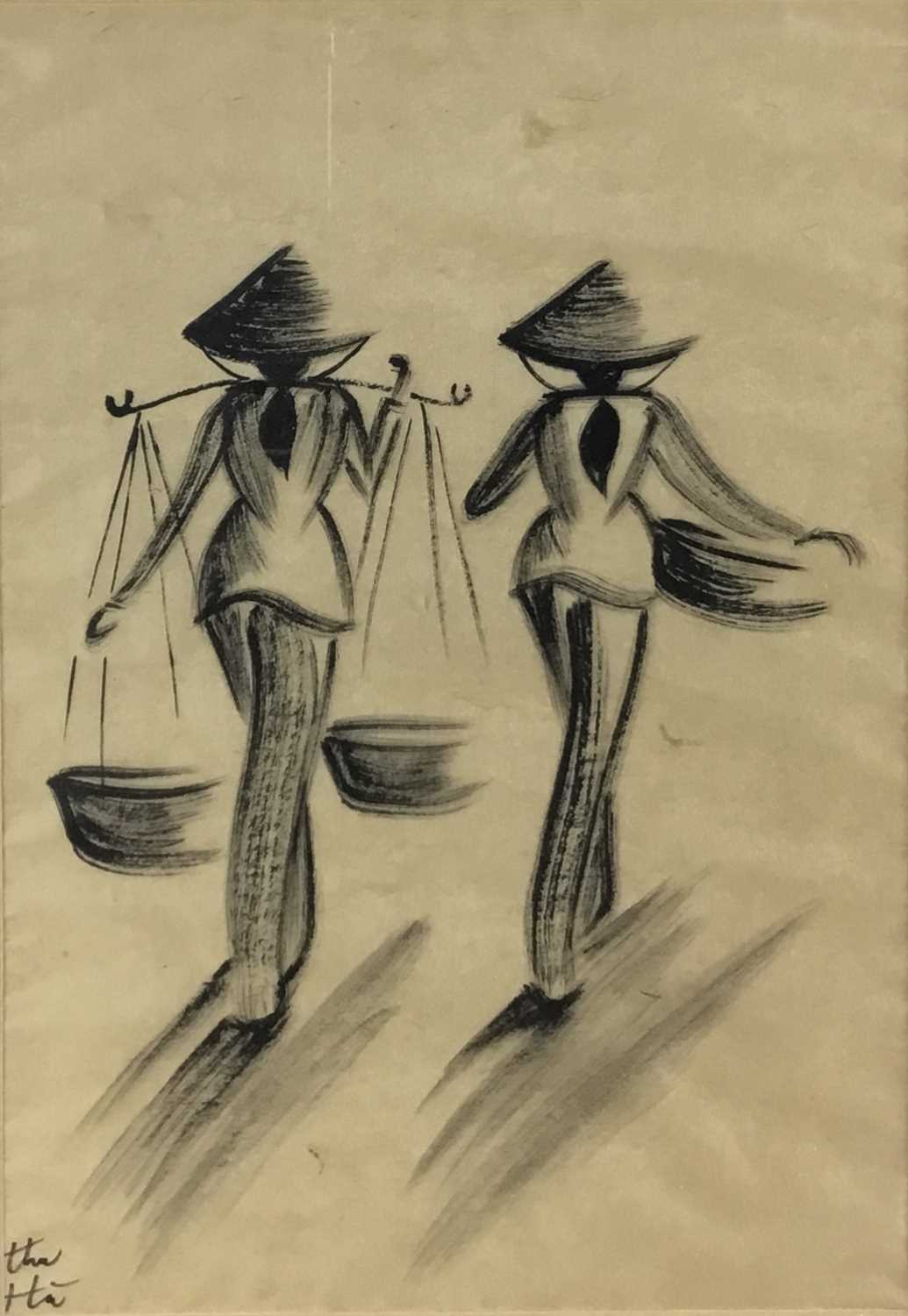 Lot 42 - Vietnamese School 20th Century sketch Two Women signed bottom left, image 39cm x 21cm, in glazed frame