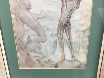 Lot 7 - Fay Pomerance (1912-2001) watercolour - ‘Adam the Sleepwalker’, signed and inscribed, 35cm x 25cm, exhibition label verso, in glazed frame