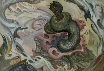 Lot 9 - Fay Pomerance (1912-2001) watercolour - ‘Lucifer on the Fringe of Eden’, signed, 37cm x 54cm, in glazed frame