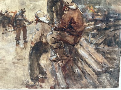 Lot 25 - Manner of Josef Israels (1824-1911) watercolour and bodycolour - Fishermen gathered, inscribed verso 'J Israel's', 36 x 40cm, mounted but unframed
