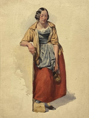 Lot 26 - English school, 19th century, watercolour - Peasant with pitcher, unsigned, mounted but unframed, 36 x 27cm