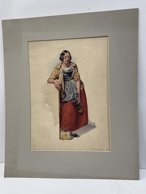 Lot 26 - English school, 19th century, watercolour - Peasant with pitcher, unsigned, mounted but unframed, 36 x 27cm