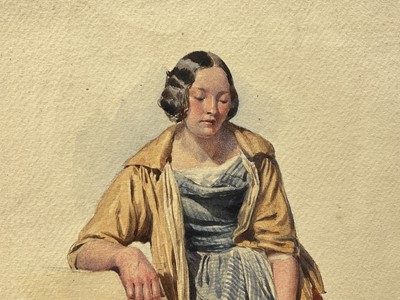 Lot 26 - English school, 19th century, watercolour - Peasant with pitcher, unsigned, mounted but unframed, 36 x 27cm