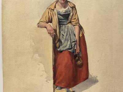 Lot 26 - English school, 19th century, watercolour - Peasant with pitcher, unsigned, mounted but unframed, 36 x 27cm