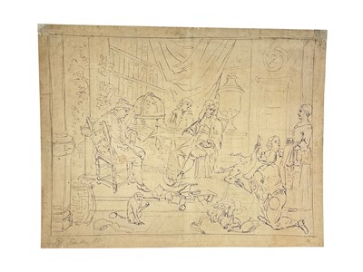 Lot 27 - Manner of John Thomas Smith (1766-1833) pen and ink - interior with scholars and game, indistinctly signed to the border, sheet 27 x 36cm