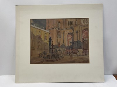 Lot 28 - Continental school, late 19th century, watercolour - Cathedral Square, Malaga, 24 x 31cm, mounted but unframed