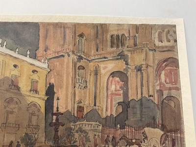 Lot 28 - Continental school, late 19th century, watercolour - Cathedral Square, Malaga, 24 x 31cm, mounted but unframed