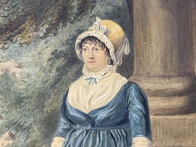 Lot 29 - 19th century English School, watercolour - Portrait of a lady with bonnet and parasol, 35 x 26cm