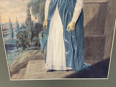 Lot 29 - 19th century English School, watercolour - Portrait of a lady with bonnet and parasol, 35 x 26cm