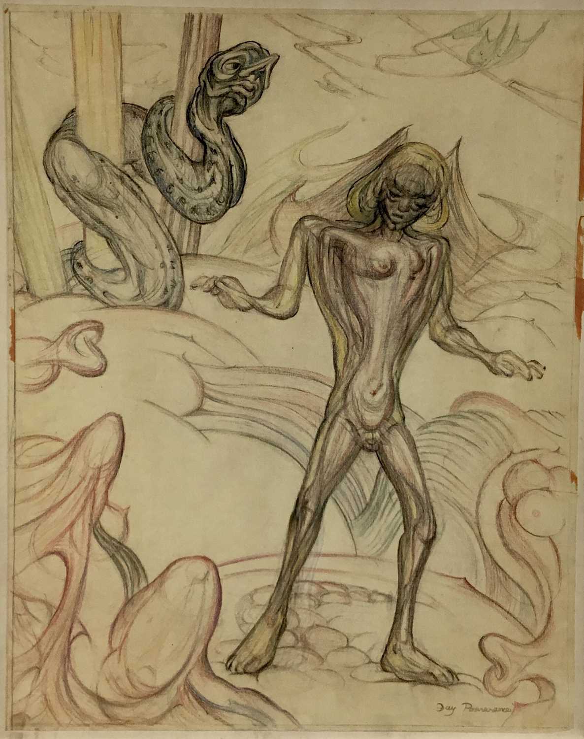 Lot 23 - Fay Pomerance (1912-2001) pastel - ‘Eve with Serpent’, signed, 59cm x 47cm, unframed