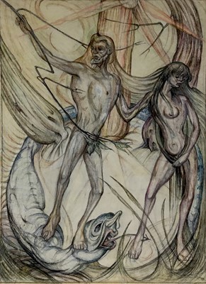 Lot 24 - Fay Pomerance (1912-2001) watercolour - Adam and Eve and Serpent, 60cm x 45cm, unframed