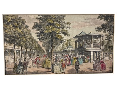 Lot 31 - Three 18th century hand coloured prints of gardens, including a pair of views of Vauxhall Gardens, each 22 x 40cm, another of the Gardens of Seaux, mounted but unframed