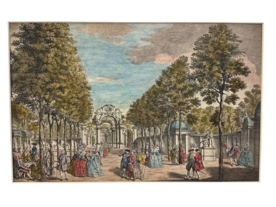 Lot 31 - Three 18th century hand coloured prints of gardens, including a pair of views of Vauxhall Gardens, each 22 x 40cm, another of the Gardens of Seaux, mounted but unframed
