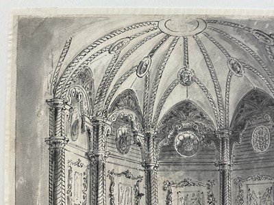 Lot 37 - Manner of John Scarlett Davis (1804-1845) pen and grey wash, grand interior, 20 x 28cm, mounted but unframed