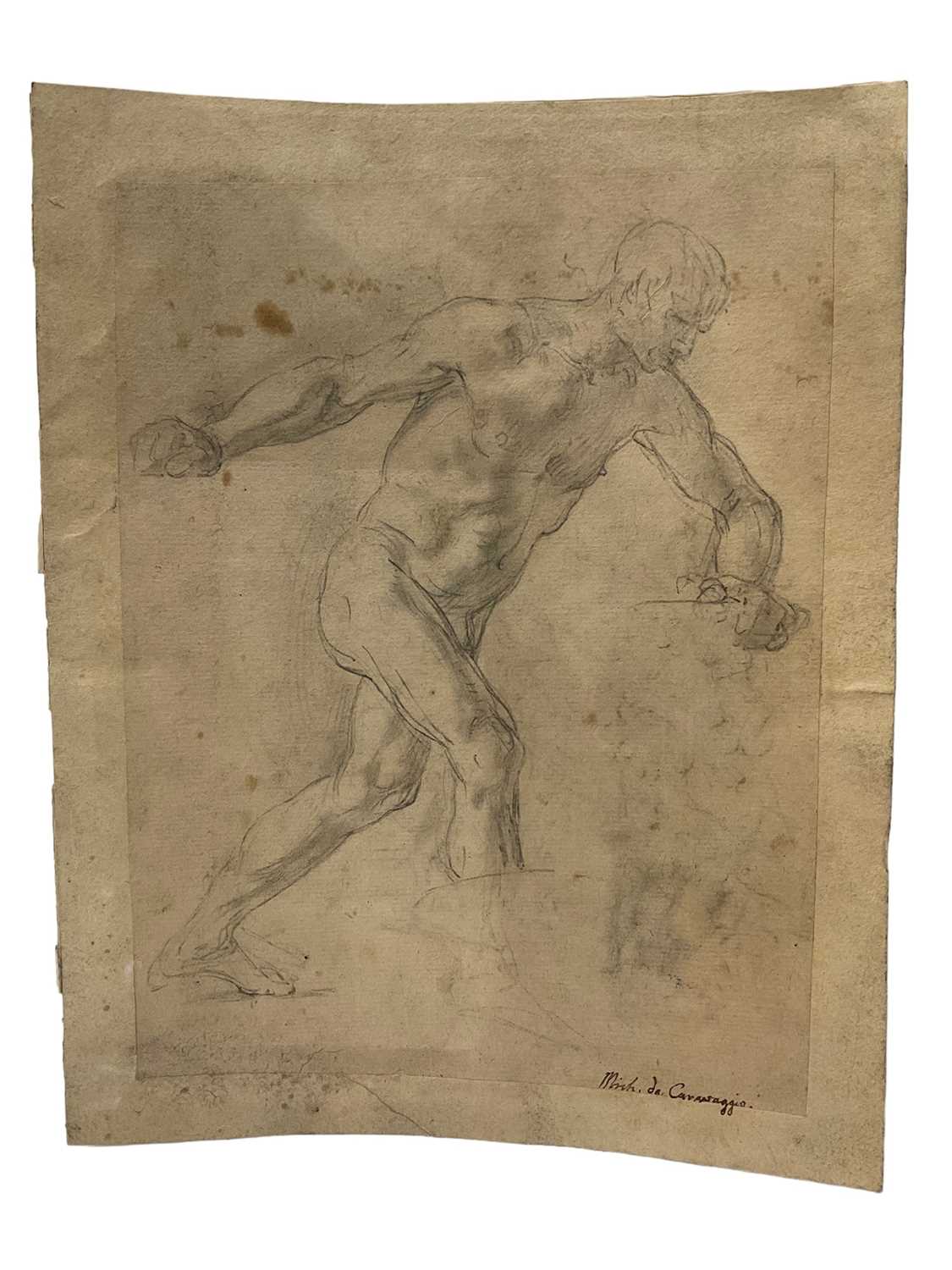 Lot 39 - Manner of Michaelangelo Merisi de Caravaggio (1571-1610), pencil, figure study, 23 x 17cm, with inscription - 'Mich de Caravaggio', collectors stamp for Dr Frazer of Dublin (Dr William Frazer, 1824...