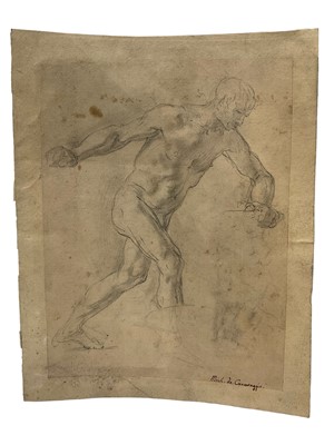 Lot 39 - Manner of Michaelangelo Merisi de Caravaggio (1571-1610), pencil, figure study, 23 x 17cm, with inscription - 'Mich de Caravaggio', collectors stamp for Dr Frazer of Dublin (Dr William Frazer, 1824...