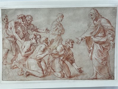 Lot 48 - 17th century Continental school, red chalk drawing - Joseph reveals himself to his brothers, 18 x 29cm, mounted but unframed