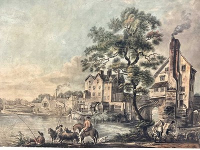 Lot 53 - English School, late 18th century, watercolour - Bustling river scene with industrial buildings, 31 x 47cm