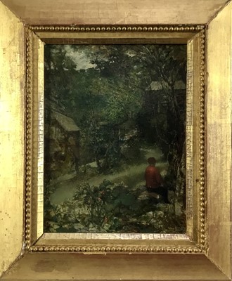 Lot 168 - English school oil on board, A Figure in Woodland with cottages beyond, indistinctly signed