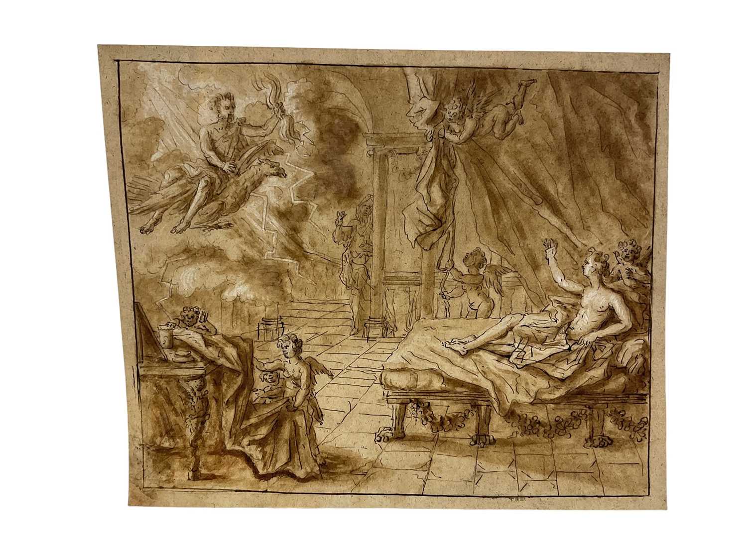 Lot 57 - Attributed to Louis Pierre Boitard (18th century), pen and ink and sepia wash, The sick man and the Angel (Aesop's fables) 22 x 27cm, inscribed in later hand to rear 'L P Boitard 1738'